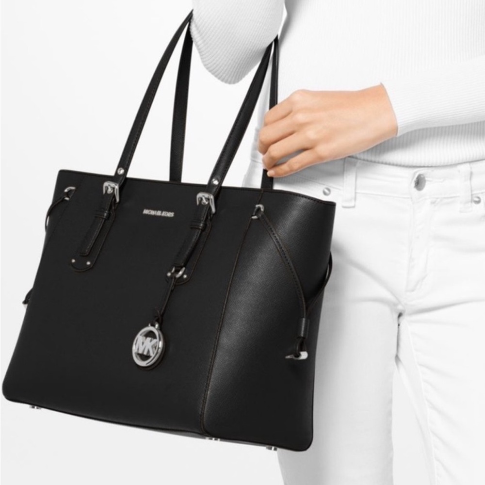 Michael Kors Black Medium Voyager Crossgrain Leather Tote with Silver MK Charm